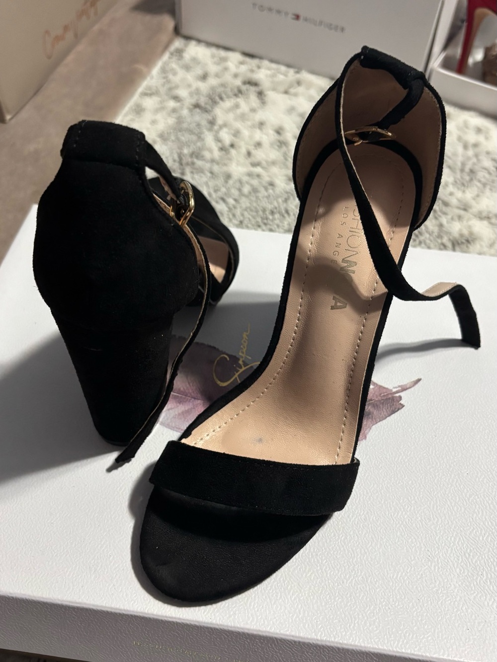 Black Suede Ankle-Strap Block Heel Sandals - Women